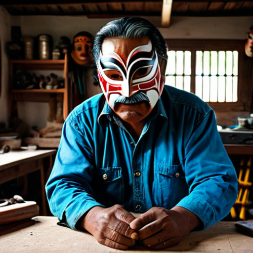 Home 4 **
"A Guatemalan artisan meticulously crafting a wooden mask inspired by the Hero Twins from the Popol Vuh, in a brightly lit workshop filled with traditional tools, fully clothed, appropriate content, safe for work, perfect anatomy, natural proportions, professional, modest, family-friendly"
**