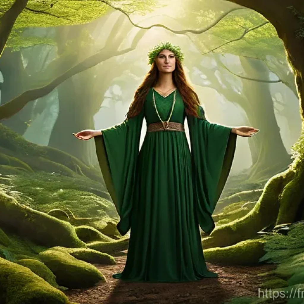 드루이드의 마법과 의식 - **Prompt:** "A wise and serene female Druid, with long, flowing hair adorned with subtle natural ele...
