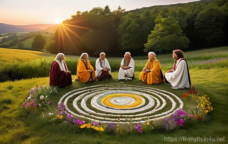 드루이드의 마법과 의식 - **Prompt:** "An elder, sagacious male Druid, with a long, grey beard and kind eyes, is seated comfor...