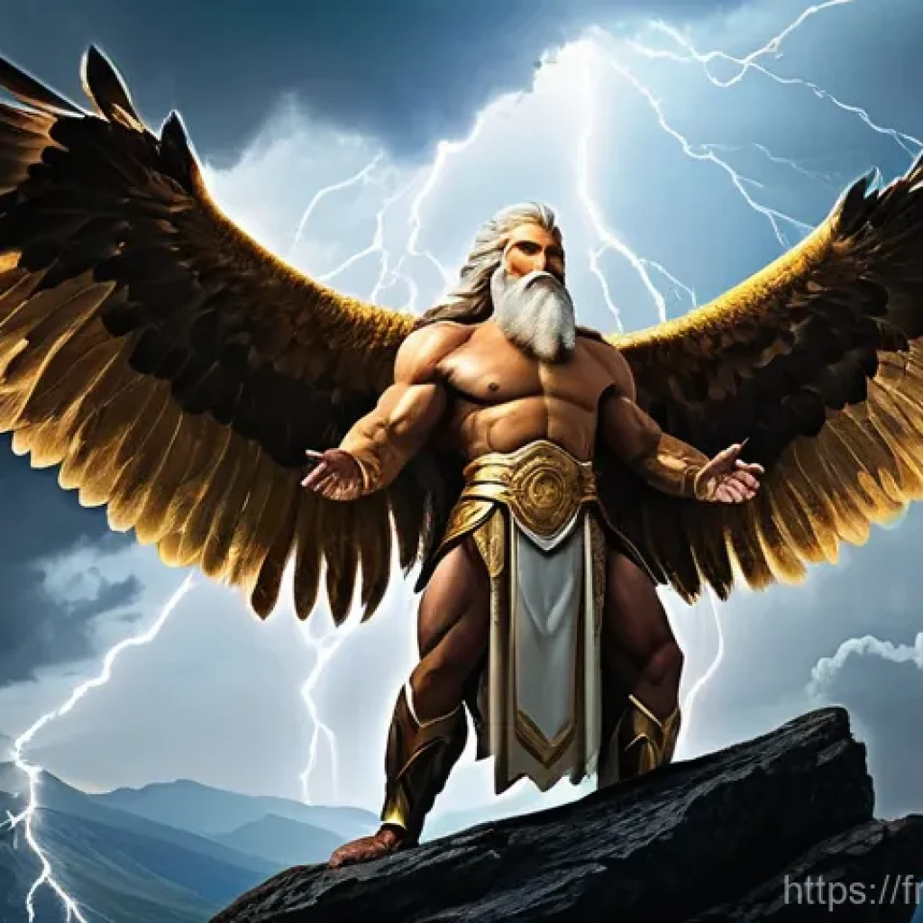 제우스 신화와 상징 - **Prompt:** A majestic and powerful Zeus, an elderly man with a long, well-groomed beard and a muscu...