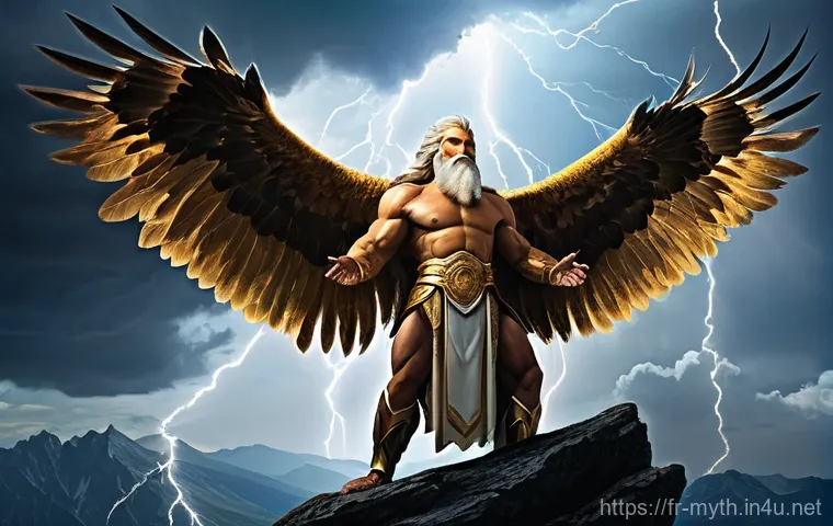 제우스 신화와 상징 - **Prompt:** A majestic and powerful Zeus, an elderly man with a long, well-groomed beard and a muscu...