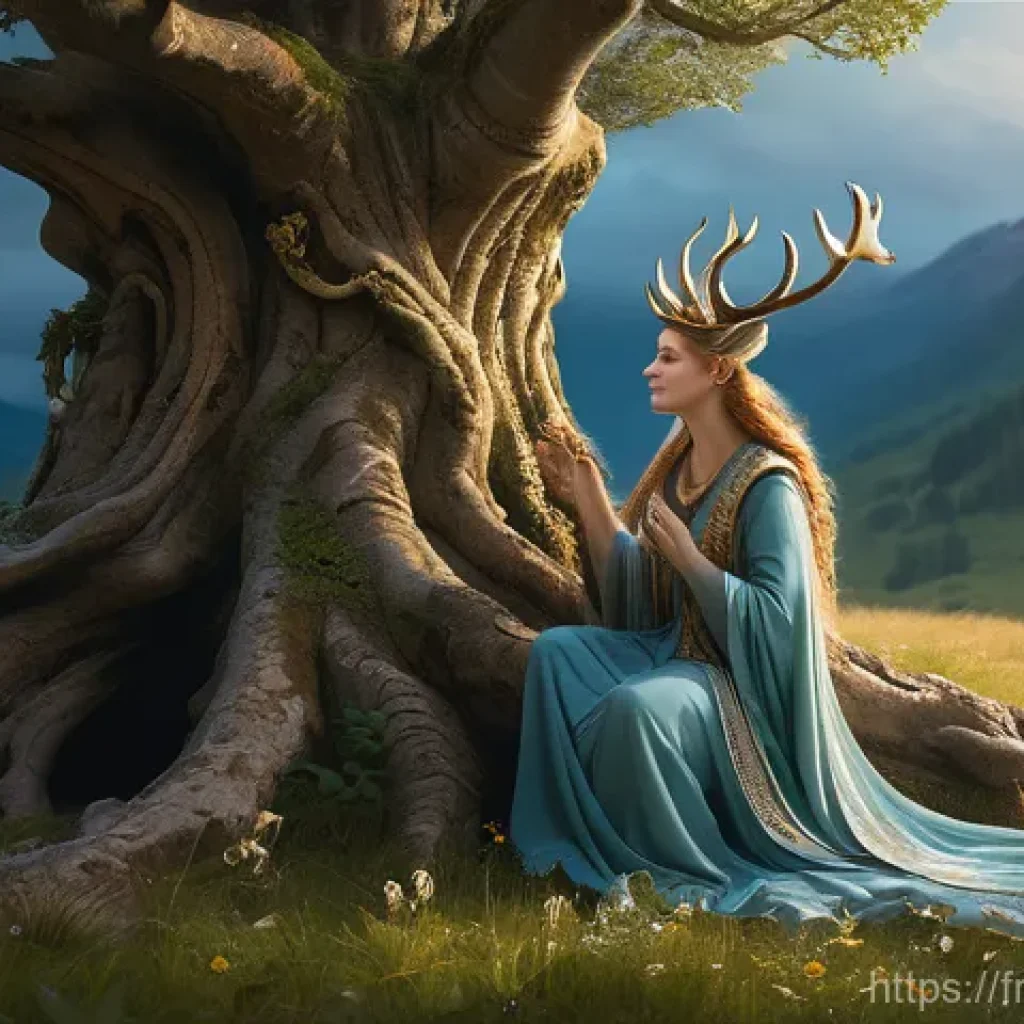 발두르의 죽음과 예언 - **Prompt:** A majestic and serene scene set in ancient Asgard. The beautiful goddess Frigg, radiatin...