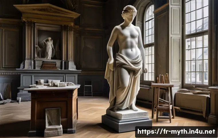피그말리온과 갈라테이아 - A highly detailed scene of a classical sculptor&rsquo;s workshop in 19th century Paris, featuring an artis...