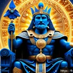 아누와 엔릴의 창조 신화 - A majestic depiction of Anu, the Mesopotamian sky god, seated on a celestial throne adorned with sta...