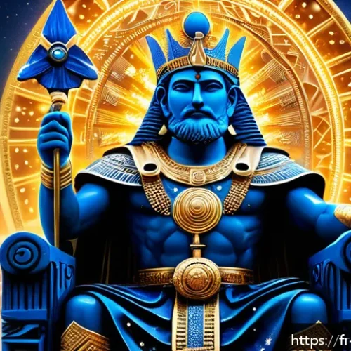 아누와 엔릴의 창조 신화 - A majestic depiction of Anu, the Mesopotamian sky god, seated on a celestial throne adorned with sta...
