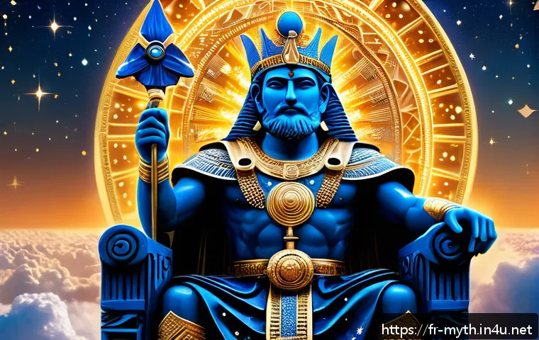 아누와 엔릴의 창조 신화 - A majestic depiction of Anu, the Mesopotamian sky god, seated on a celestial throne adorned with sta...