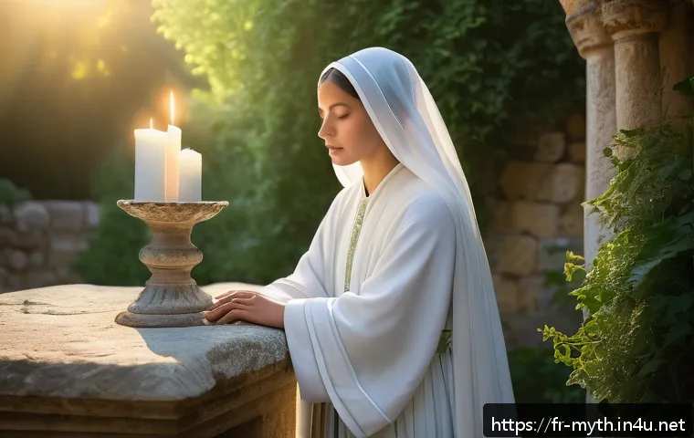 마리아와 성모의 전설 - A serene and mystical sacred female figure depicted as a gentle protector and healer, dressed in tra...