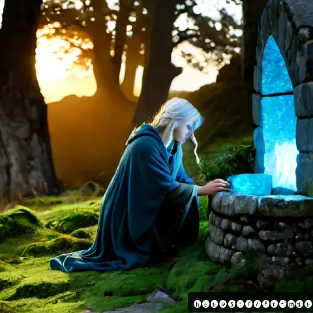 멜린과 마법사의 이야기 - Photorealistic cinematic fantasy scene in a misty Breton forest at dawn, Méline, a young French vill...