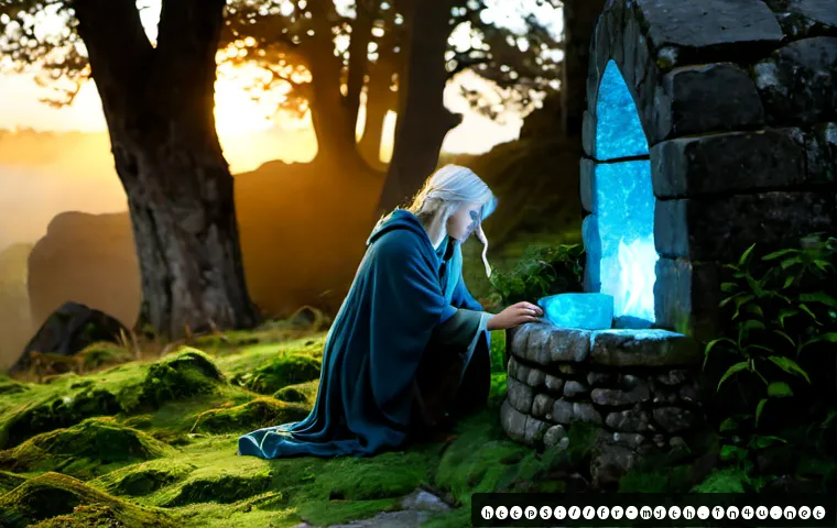 멜린과 마법사의 이야기 - Photorealistic cinematic fantasy scene in a misty Breton forest at dawn, Méline, a young French vill...