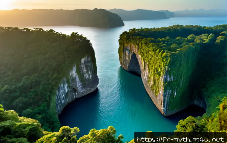 Home 17 무 대륙의 신비 - Photorealistic cinematic view of the mythical lost continent of Mu emerging from a calm turquoise oc...
