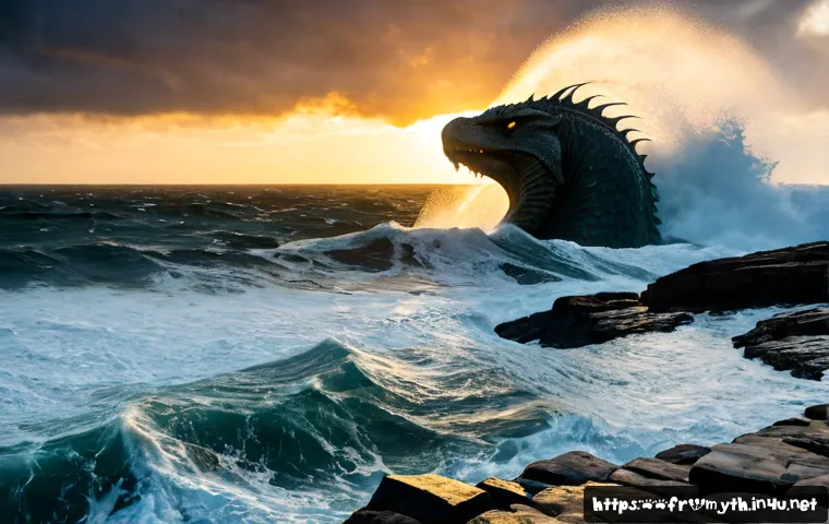 요르문간드와 거대한 뱀 - Photorealistic cinematic scene of Jormungandr, the colossal Norse world serpent, rising from a storm...