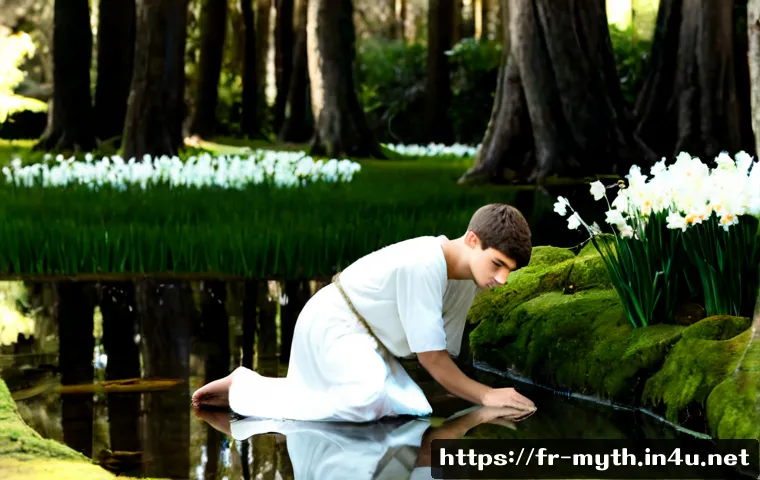 나르키소스와 에코의 신화 - Photorealistic cinematic scene of Narcissus, a beautiful young man in modest ancient Greek linen tun...